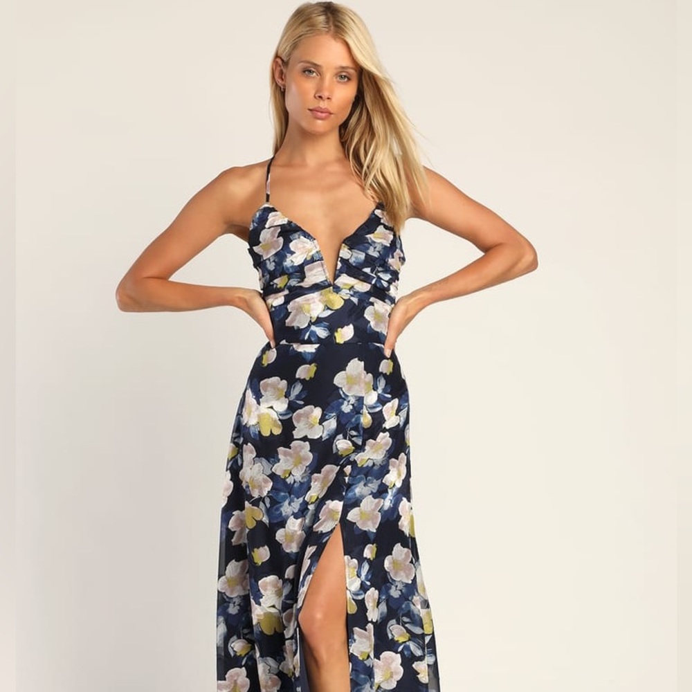 Pretty Perspective Navy Blue Floral Burnout Notched Maxi Dress